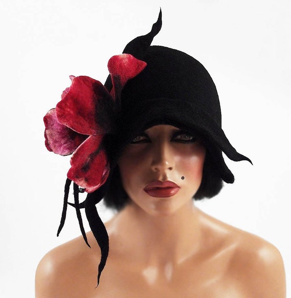 Cloche hat Felted hat Flapper Hat Designer Hat Black Hat Art