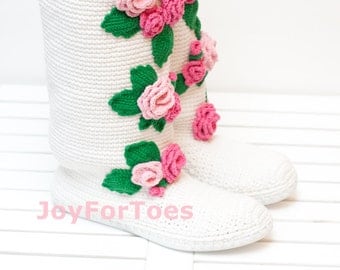 Wedding boots "Pink Roses", Floral women shoes, Low heel wedding shoes, Crochet Bridal shoes, Spring women fashion