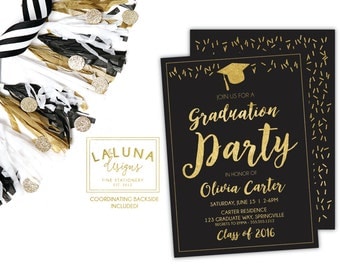 Graduation Invitation, Graduation Party Invitations, Graduation Announcement, Black and Gold Graduation Invites, Faux Gold Foil Invitation