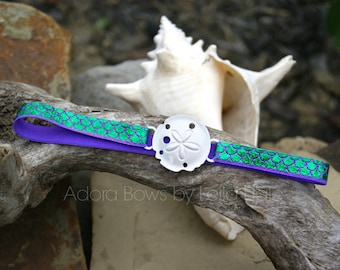 Ready to ship green and purple mermaid scales white sand dollar halo headband OSFM baby infant headband