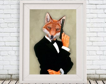 Fox James Bond, Animal painting portrait painting Giclee Print Acrylic fox Painting fox Print fox art, fox painting, decor fox illustration