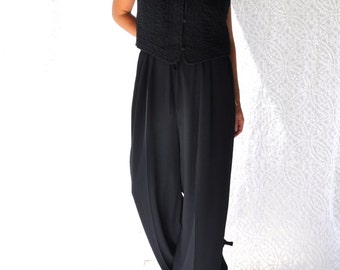 80s Shelli Segal Black Jumpsuit. Wide Leg Pants & Vest | Black Palazzo Pant Jumpsuit. Retro High Waist Jump Suit. Little Black Dress | l. xl
