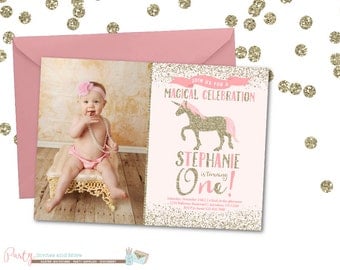 Pink and Gold Unicorn Birthday Invitation, Pink and Gold Unicorn Invitation, Birthday Invitation, Unicorn Birthday Invitation, Unicorns
