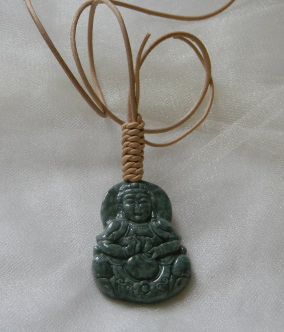 Kwan Yin Jade Pendant W Leather Cord Necklace By Thejademerchant