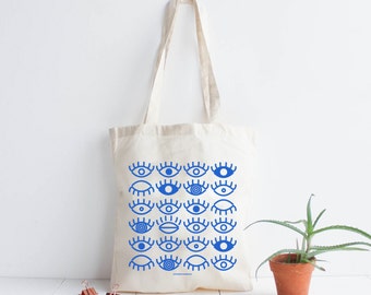 Tote bag cotton natural Eyes/ screen print blue / hand lettering
