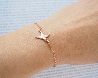 Rose Gold Bird Bracelet, Rose Gold Bracelet With Soaring Swallow