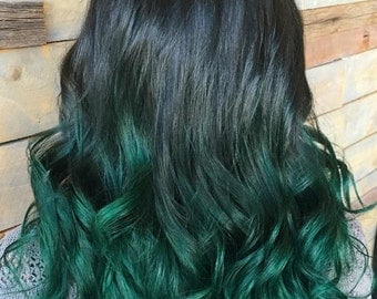 Clip in virgin Human Hair Extensions 1 B (Natural black) - Emerald Green Ombre