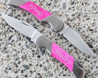 SHIPS FAST, Engraved Pink Knife, Personalized Pocket Knife for Her, Small Hunting Knife for Women, Gift Pink Bone Handled Knives, KNV130