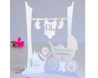 Unique Personalised 3d Paper Cut 1st Birthday Card for a Baby Girl/Daughter/Granddaughter/Niece & Goddaughter.