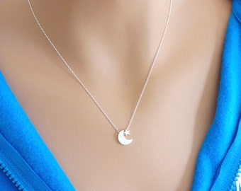 100% Sterling Silver Moon and Star Necklace, Silver Moon Necklace, Dainty Necklace, Star Necklace, Silver Necklace, Mom Necklace