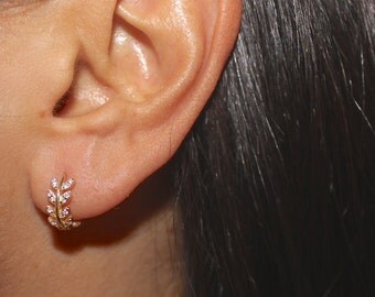 Greek Goddess Vermeil Olive Leaf Hoop Huggie Earrings