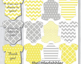 Yellow Grey Mini Baby Shower Onesie Tags -- Baby Shower One Piece Thank You Favor Gift Tags, Mini Onesie Place Setting -- Printable PDF