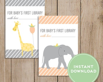 Printable Baby Shower Bookplate. Baby Book Sticker. Baby Bookplate. Gender Neutral Book Label. First Library. Elephant Giraffe. Peach Shower