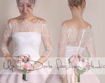 Off-Shoulder milky white wedding bolero/ French Chantilly Lace /bridal shrug /jacket 3/4 sleeve