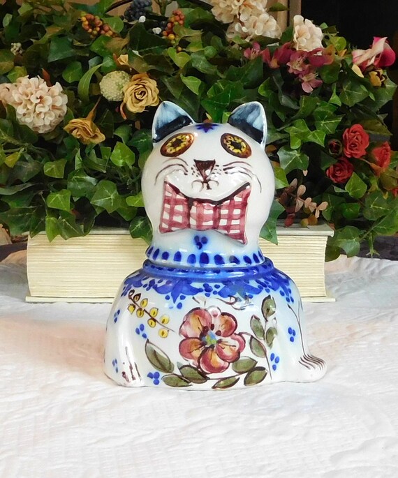 Vintage Calico Cat Cookie Jar Candy Dish Cottage Chic