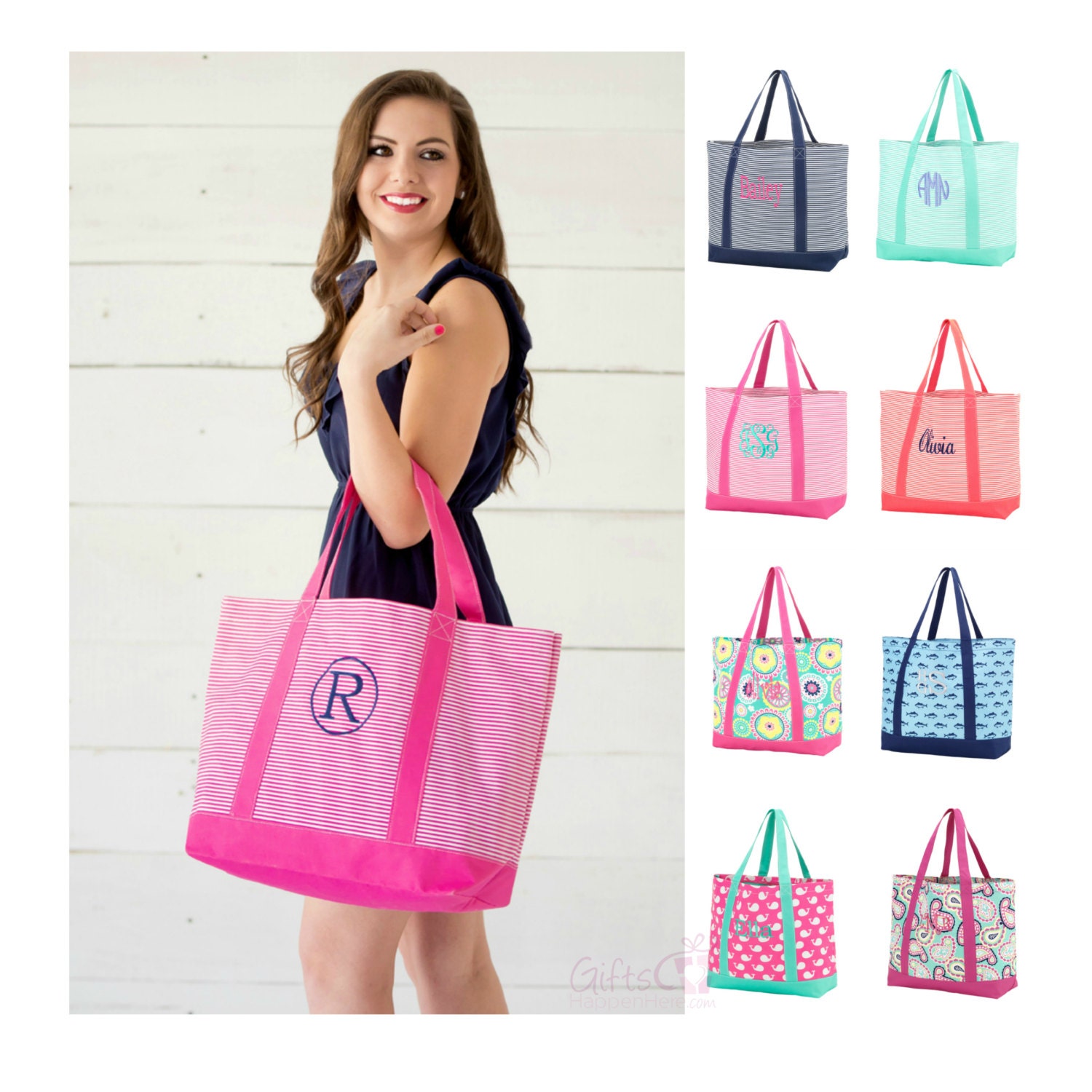 Monogrammed Beach Bag Tote Large Personalized by GiftsHappenHere