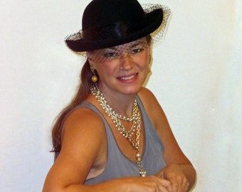 Derby / Bowler / Derby Hat / Veiled Hat / Bowler Hat / Black Derby / Bollman Hat / Vintage Derby / Vintage Bowler / 50s Derby / Veil Hat