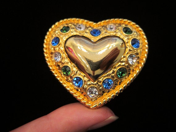 Vintage Kristel Saint Martin Paris Gold Tone Heart with Green Blue Clear Rhinestones Brooch Pin - Made In France Heart Valentines Jewelry