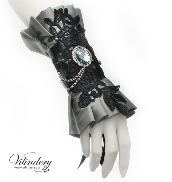 Silver fabric cuff with a grey glass cristal and chains - Silver gray fantasy cosplay, Floral black lace, Romantic bracelet for her by Vilindery steampunk buy now online