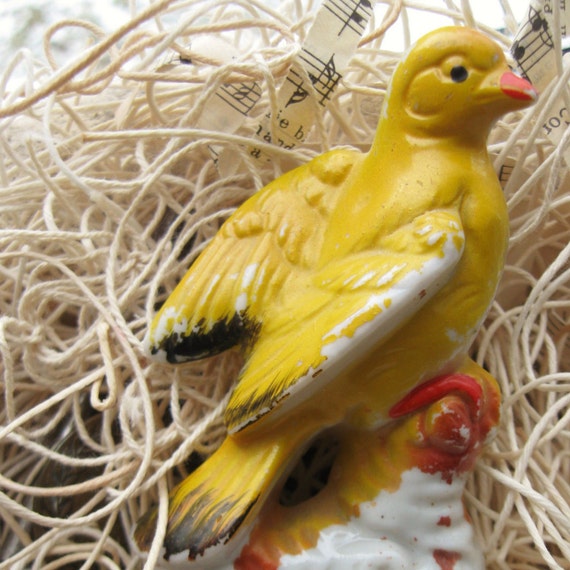 Bird Figurine Vintage Bisque Ceramic Song Bird Yellow by PoemHouse