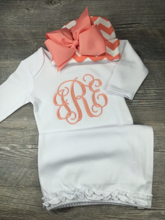 Baby Girl Coming Home Outfit Monogram Gown Chevron Hat Baby Girl Coming Home Outfit Monogram Gown Chevron Hat
