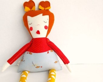Red hair rag doll, Cloth heirloom doll, Fabric girl doll, Stuffed doll, Plush softie toy, Red gray gold, Doll decoration, Jointed art doll
