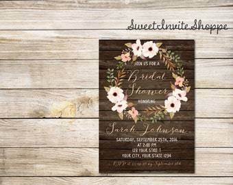 Boho Floral Bridal Shower Invitation, Watercolor Floral Wreath Bridal Invitation, Bohemian Shower Invitation, Watercolor Flowers Invitation