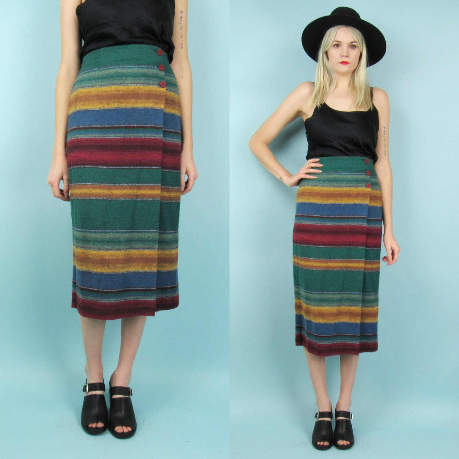 SALE80s Southwestern Striped Blanket Skirt Soft High