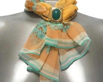 Vintage VERA Neumann Lucky Ladybug Scarf,Semi Sheer Chiffon Scarf,43 x 14 Scarf,Oblong Scarf,Peach & Turquoise Scarf,Collectible Scarf