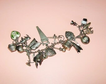SALE! Antique 1940 Sterling Silver Charm Bracelet 23 Charms-Southwest-Teepee-Drum-Pots-Canoo-Moveable-Headdress-Outhouse-Rifle-Puffy Hearts