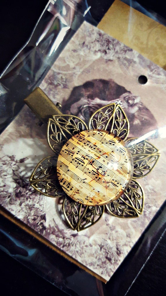 Musical Note Glass Filigree Hair Flower Clip Bronze Hair Jewelry by SimplyPrettie steampunk buy now online