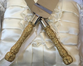 gold cake cutting set, gold glitter cake cutting set, wedding gift, bling wedding, cake server set, cake knife and server set