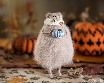Autumn Decoration Fall Harvest Decor Knitted Rat Mouse Art Doll Rustic Home Decoration Thanksgiving Gift Idea Blue Teal Pumpkin Candyfleece