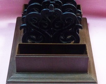 Vintage Brown Plastic Resin Faux Wood Grain and Black Faux Wrought Iron Scroll Letter Pen Office Supplies Holder Desk Organizer Caddy