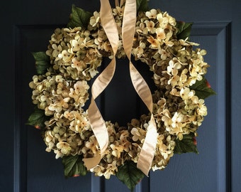 New Home Housewarming Gift Ideas | Beautiful Blended Hydrangea Wreath | Front Door Wreaths | Green and Cream Hydrangeas | Summer Wreaths