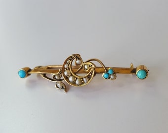 Antique 9ct Victorian Turquoise and Seed Pearl bar Brooch Estate 9k gold