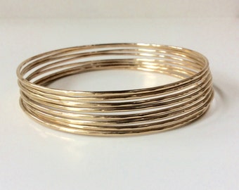 SOLID Gold Bangle - One (1) 14K Solid Gold 1.3mm Thick - Hammered or Smooth - Full Round 16 Gauge Wire - Marked 14K