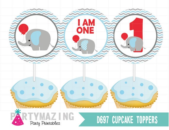 Elephant Cupcake Toppers Printable Elephant with red Balloon