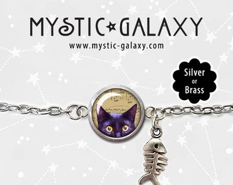 Black Cat Bracelet, Cat Charm Bracelet, Peeking Cat Bracelet, Glass Dome Bracelet, Cat Jewelry
