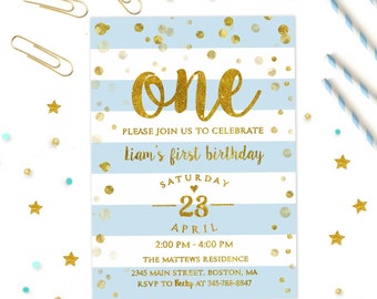 First birthday Invitation Boys, 1st birthday invitation boy, Boy's 1st Party Invite, Blue and Gold Invitation, Confetti Invitation Printable