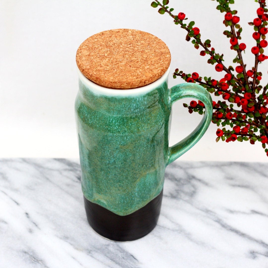 Extra large 20oz stoneware to-go mug with cork lid tall