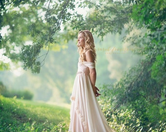 Amelia Wedding Dress, Bohemian Wedding Dress, Champagne Wedding Dress, 3D Rosettes Wedding Dress, Off Shoulders Wedding Dress