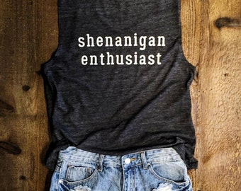 Shenanigan Enthusiast Muscle Tee in Charcoal/White Workout Top, Muscle Tank