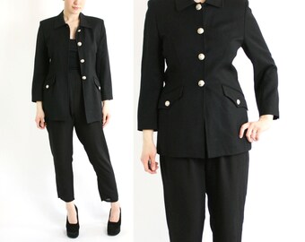 Vintage 80's Black Wool Military Fitted Jacket with Metal Buttons