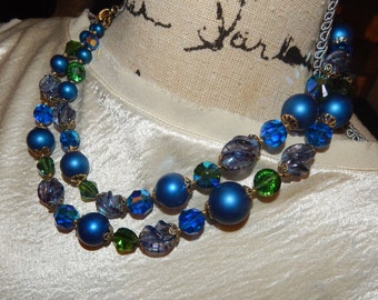 Vintage Vendome Jewelry Set Blue Beaded Double Strand Necklace Blue Cluster Bead Earrings Signed Vendome