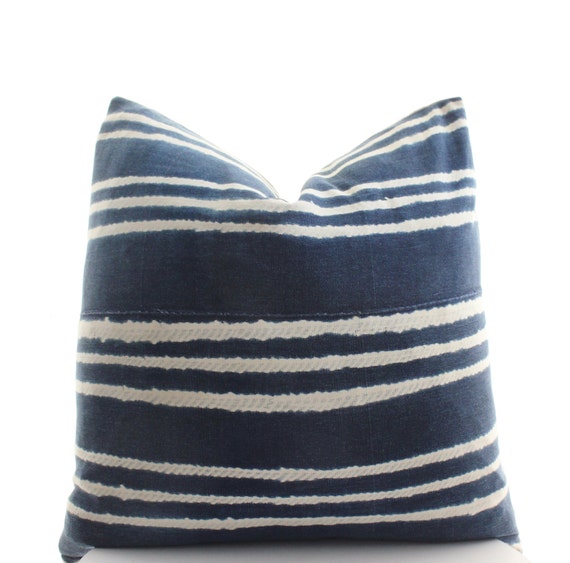 African Mudcloth Pillow Cover Indigo White Mud Cloth by BohoPillow