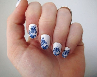 Delft Blue nail tattoos / nail decals / nail art / boho nails / festival / something blue wedding / floral nail decals / nail wraps / Blue