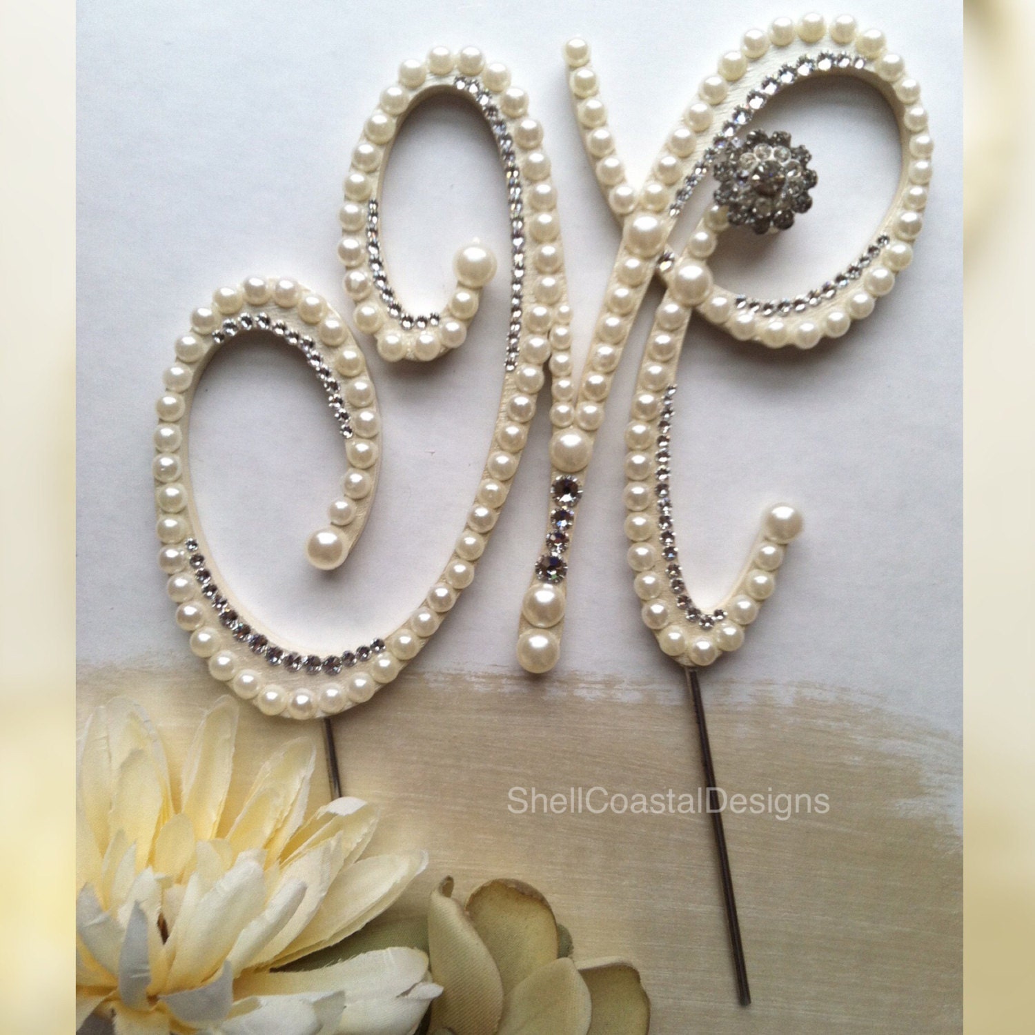 Pearl Cake Topper Monogram Wedding Cake by ShellCoastalDesigns