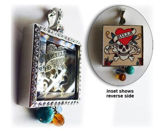 Free Shipping, Skull Pendant, Statement Necklace, Reversible, Jewelry Making, Love Kills Slowly, Large Shadow Box, Beveled Glass Pendant