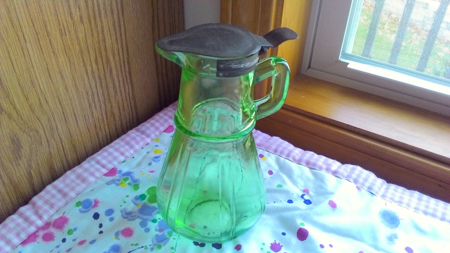 Vintage 1930’s Hazel Atlas Vaseline green glass Syrup Pitcher